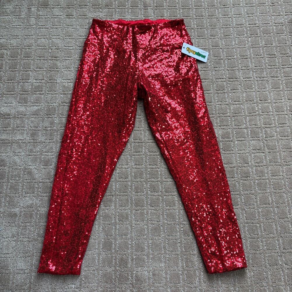 Tipsy Elves Sequin High Waisted Leggings Womens L Red Christmas Holiday Party